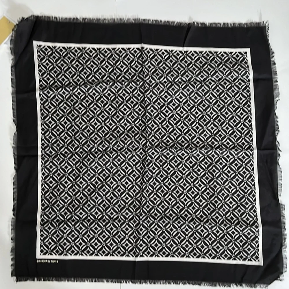Michael Kors Monogram Square Scarf Bone & Black Fringe Trim
